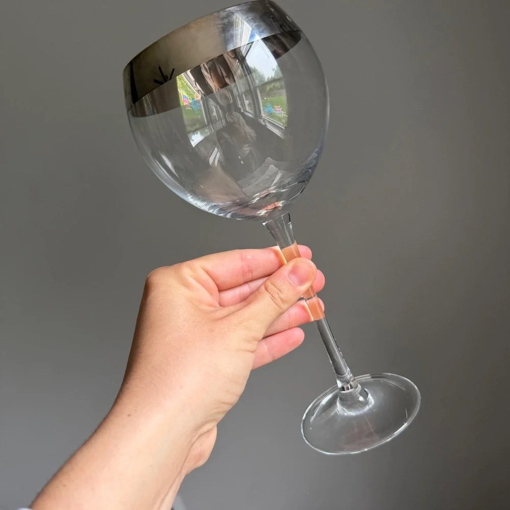 Vintage‎ Silver Rim Balloon Wine Glasses Set of 2 Large Clear Glass Goblets 9in